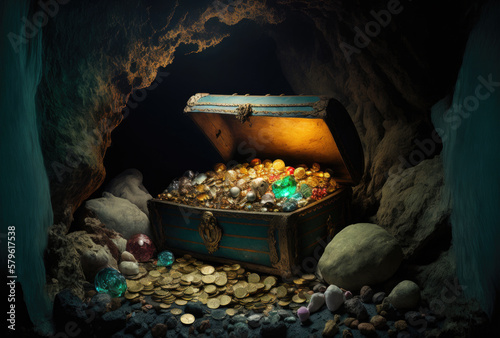 Treasure chest with pirates treasure hidden in the cave, Generative AI