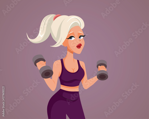 Young and Attractive Woman Doing Sports Holding Dumbbells Vector Illustration. Hot sexy blonde girl training with wights
