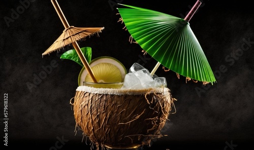  a coconut drink with a green umbrella and a slice of lime on top of the drink in a glass with ice and straws on a dark background.  generative ai