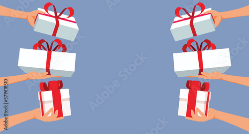 Hands Holding Gifts in Vector Template Background Design. People of one family giving each other presents on holiday season 
