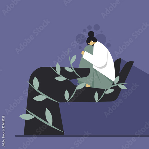 Illustration of a depressed girl sitting on a big comforting hand