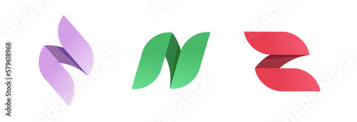 Beauty spear leaf style vector logo or violet pink cosmetic spa abstract flower gradient graphic logotypes, letter n z elegant geometric symbols green red color, flame fire ignite modern ribbons