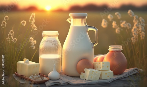  a table topped with milk and cheese next to a bottle of milk and a jug of milk on a cloth with a spoon and a bottle of milk. generative ai