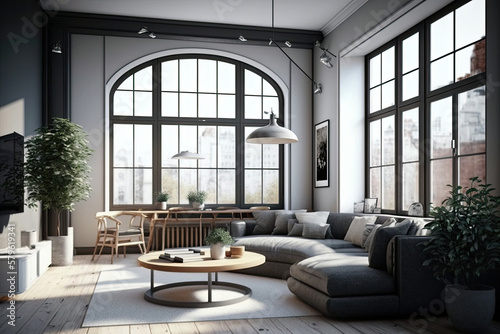 modern light apartment with big windows, generative AI © Kien
