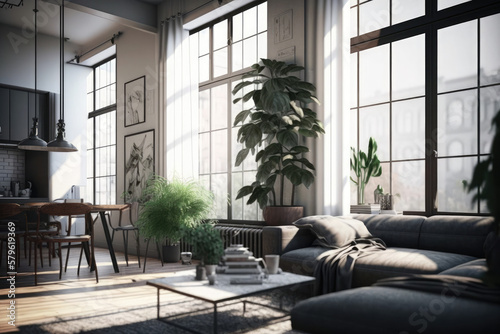 modern light apartment with big windows, generative AI