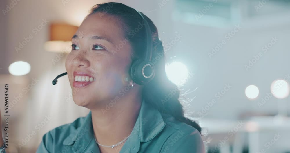Contact us, crm call center or Asian agent in a telecom communications company helping clients with questions. Smile, faq or insurance sales woman working in customer support talking or speaking