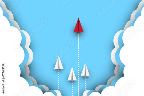 Unique Paper Plane Flying Up in the Sky, look like a Spaceship Release from Ground. Start-up Business. Metaphor Photo.Top View. Different, Leader Individuality Concept. 