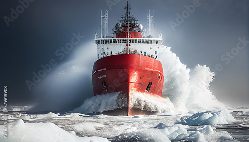 Red icebreaker in the middle of Arctic ocean photo