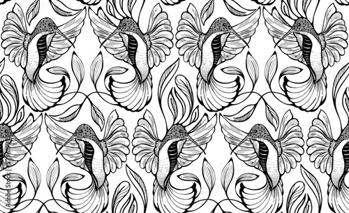Vector seamless pattern with colibri. Vintage style  white and black picture 2000x1220.
