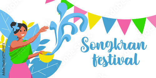Happy Songkran day horizontal banner. vector illustration.