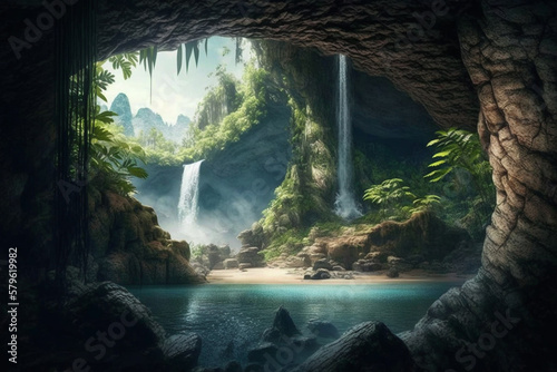 In the cave of tropical paradise over waterfall