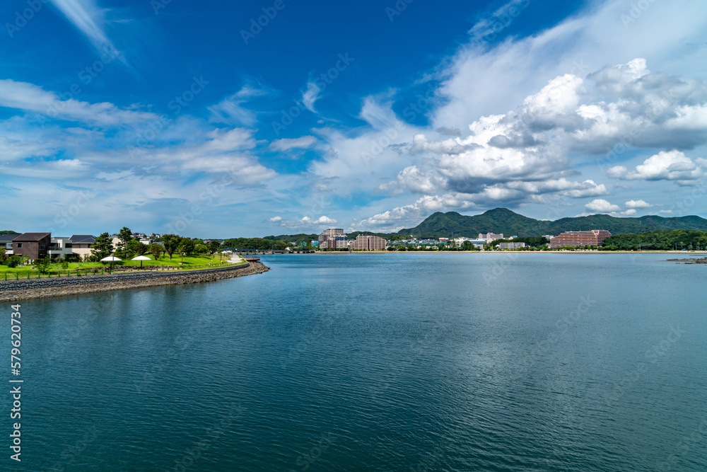 Park and residential area is beside a bay on the outskirts of Fukuoka City, JAPAN.