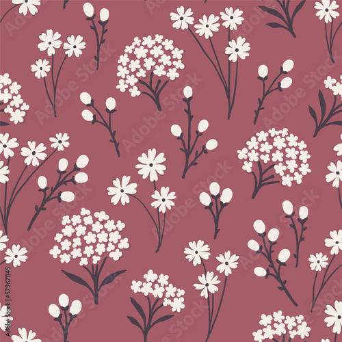 Seamless vintage pattern on an amaranth background. Small white flowers. Vector texture. Fashionable print for textiles and wallpaper.