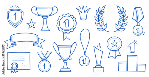 Award doodle hand drawn trophy set. Winner award cup, champion medal, win certificate. Hand drawn doodle sketch style champion, victory, success elements. Vector illustration