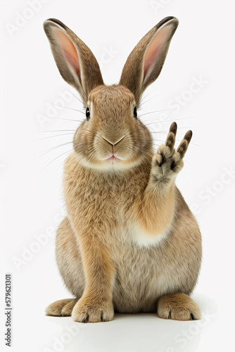 Funny rabbit, showing a sign peace. Generative AI © nadunprabodana
