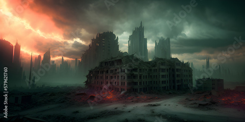 ruined building in apocalyptic cityscape. generative ai