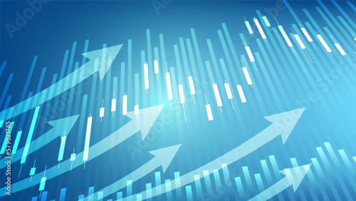 economy situation concept. Financial business statistics with bar graph and candlestick chart with uptrend arrow show stock market price and currency exchange on blue background