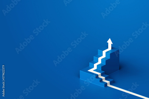 White arrow up with blue stair on blue floor background, 3D arrow climbing up over a staircase , 3d stairs with arrow going upward, 3d rendering photo