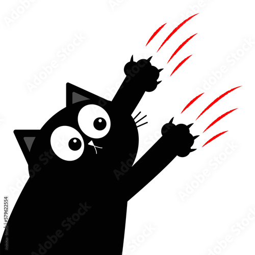 Black fat cat nail claw scratch glass. Scratching kitten claw. Cute cartoon funny character falling down. Excoriation track line shape. Baby pet collection. White background. Flat design