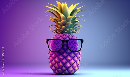  a pineapple wearing glasses on a purple background with a purple background behind it and a purple background behind it that has a blue and purple hued background.  generative ai
