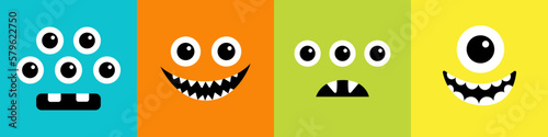 Monster square head line icon set. Happy Halloween card. Boo Spooky Screaming smiling sad face emotion. Eyes, teeth fang, mouse. Flat design style. White background.