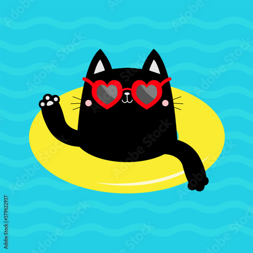 Black cat kitten floating on yellow pool float water circle. Paw print hand. Swimming pool sea ocean water. Hello Summer. Heart sunglasses. Lifebuoy. Cute cartoon relaxing character. Flat design.