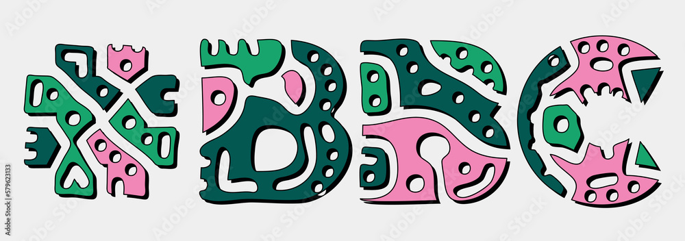 BBC Hashtag. Doodle isolate text. Colored curves decorative doodle letters. Folk artwork style. Hashtag #BBC for print, booklet, banner, flyer. Stock vector.