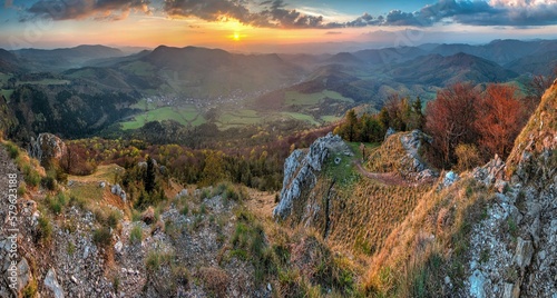 he setting sun with amazing rays on the mountain landscape. Vapec, the Strazov mountains in Slovakia, Europe. Discover the beauty of the spring landscape