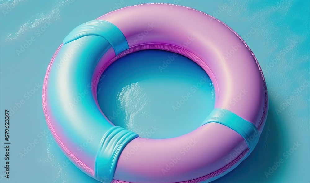 a pink and blue life preserver floating on a blue surface in the ocean or ocean or lake or lake, 3d rendering, illustration, 3d rendering, illustration, illustration, illustration. generative ai a pink and blue life preserver floating on a blue surface in the ocean or ocean or lake or lake, 3d rendering, illustration, 3d rendering, illustration, illustration, illustration. generative ai