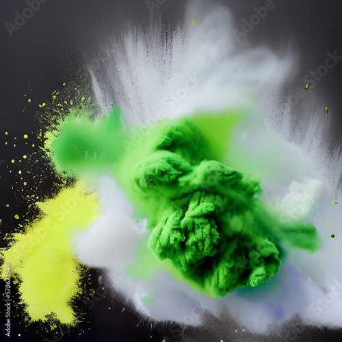 abstract powder splatter background. green powder explosion on black background. Colored cloud. Colorful dust explodes. Paint Holi.