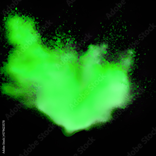 abstract powder splatter background. green powder explosion on black background. Colored cloud. Colorful dust explodes. Paint Holi.