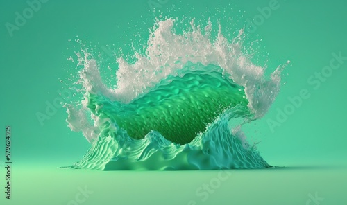  a green and white wave crashing into the ocean on a green background with a blue sky in the background and a light blue sky in the background.  generative ai © Nadia