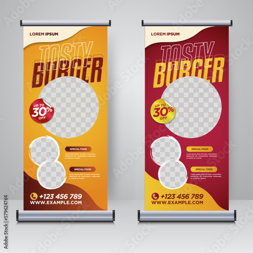 Food and Restaurant roll up banner design template	

