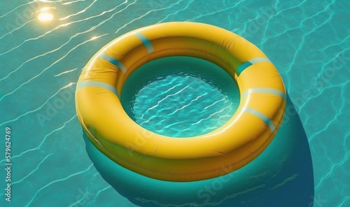  an inflatable raft floating in a pool of water with a sun shining on the water behind the raft and the bottom of the raft. generative ai