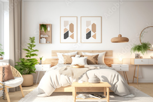 A modern-style bedroom with soft, natural colors and a wooden furniture design concept.