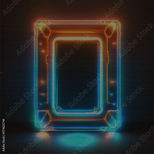 Glitched glowing neon frame. Abstract glitch background. Cyberpunk wallpaper in a style of 80's. Futuristic concept. EPS 10. Creative graphic design for poster,brochure,flyer and card.