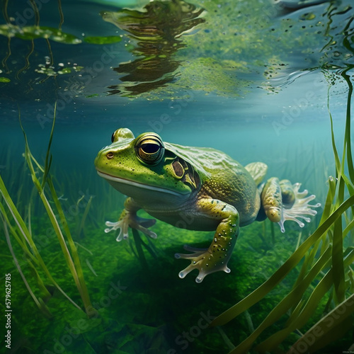 Green frogs swimming in clear river water with green grass all around. Generative AI. © Alpa