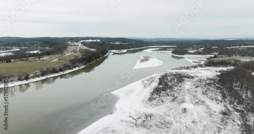 Aerial shot of a flooded man-made reservoir in Northwest Arkansas. Wintertime. photo