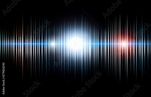 Black background with light flash and red light. Sound wave