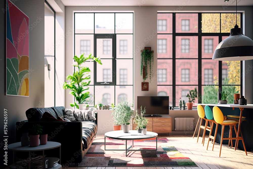 generative ai illustration of modern light apartment with big windows