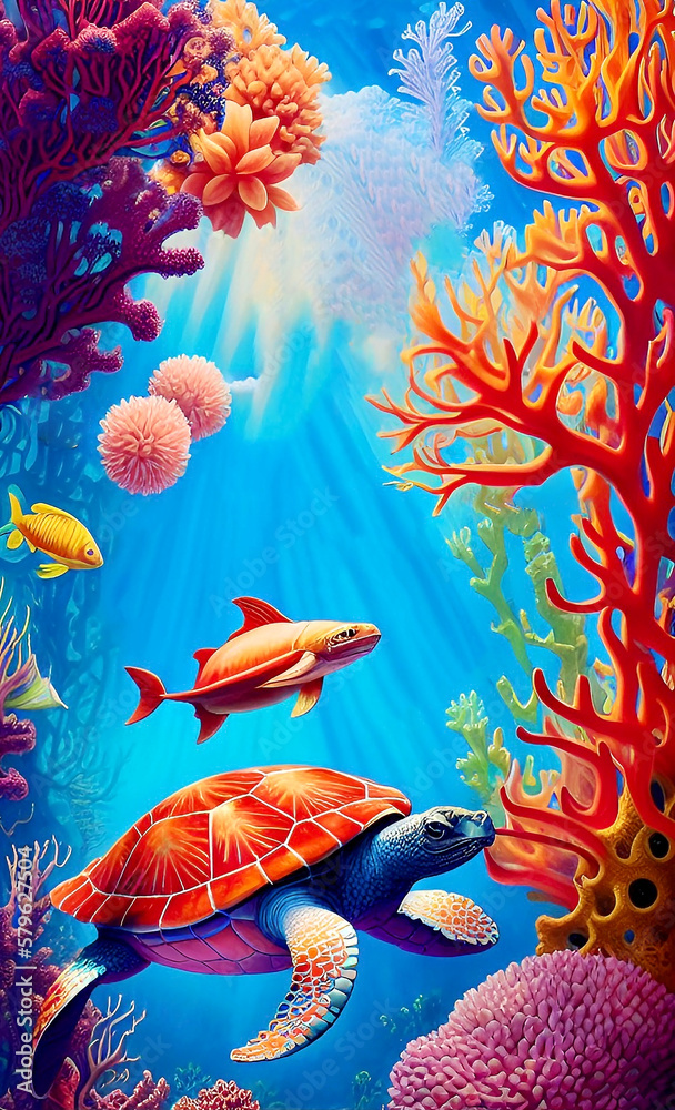 Coral reef with fish and sea turtle. World Oceans Day illustration ...