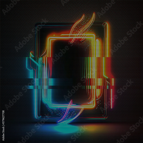 Glitched glowing neon frame. Abstract glitch background. Cyberpunk wallpaper in a style of 80's. Futuristic concept. EPS 10. Creative graphic design for poster,brochure,flyer and card.