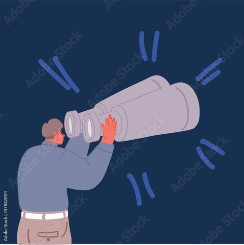 Cartoon vector illustration of Search goal. Man watching binocular, spyglass.