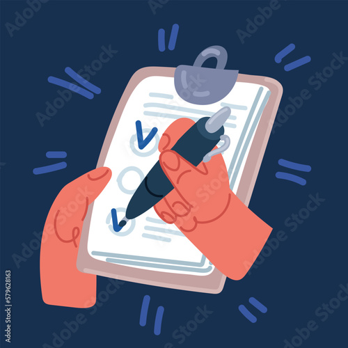 Cartoon vector illustration of notepad to do list with pen and hands