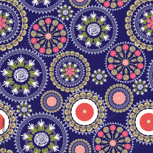 Seamless suzani pattern in blue background. Geometric shape patterns for fabrics and other things for creating different designs. 