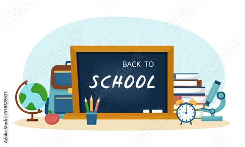 Back to school and education concept - blackboard and school supplies around - books, globe, alarm clock, pencils, backpack, microscope.	
