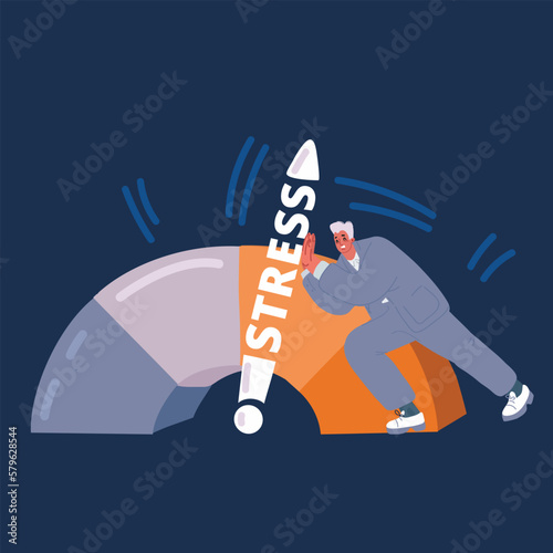 Cartoon vector illustration of man try to reduced Stress level scale