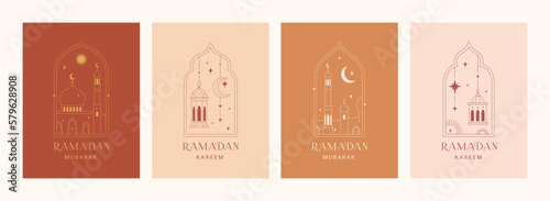 Ramadan Kareem card. Set of islamic greeting cards, banner template, posters, holiday cover set. Modern beautiful design in trendy minimal style. Islamic arches and windows, moon, mosque, lanterns.