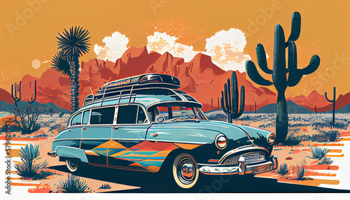 a digital artwork of a vintage car on a road trip with 70s-era design elements, capturing the freedom and adventure of the era 