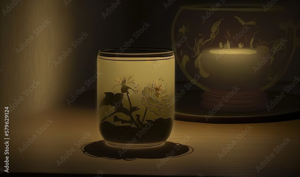 a lit up vase sitting on a table next to a lit up vase on a table with a lit candle in the middle of it.  generative ai
